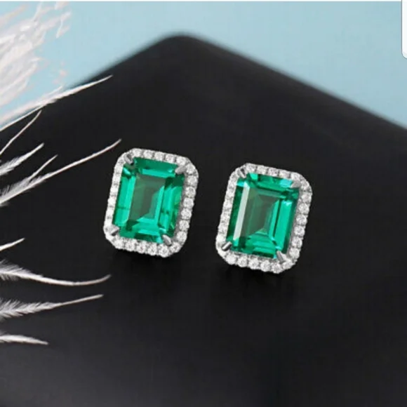 Swarovski Elements 925 Sterling Silver Emerald Green HaloEarrings NEW - Picture 7 of 14